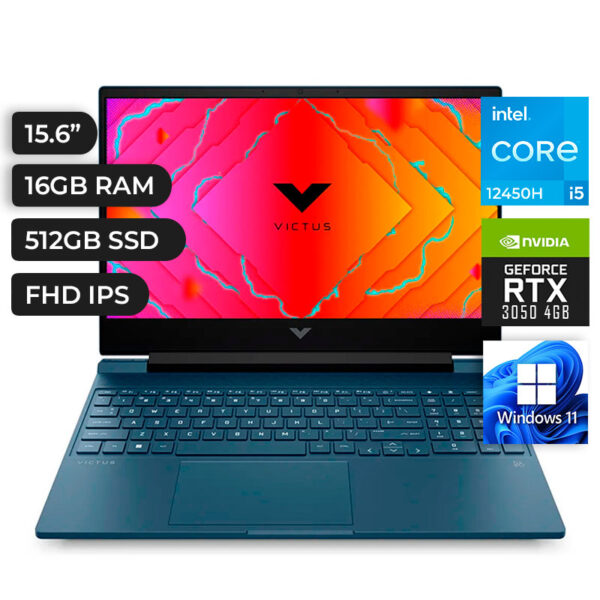 LAPTOP HP VICTUS GAMING 15-FA0022LA, 15.6” FHD IPS, Core i5 12450H Hasta 4.5 GHz, 16GB, SSD 512GB, GEFORCE RTX 3050