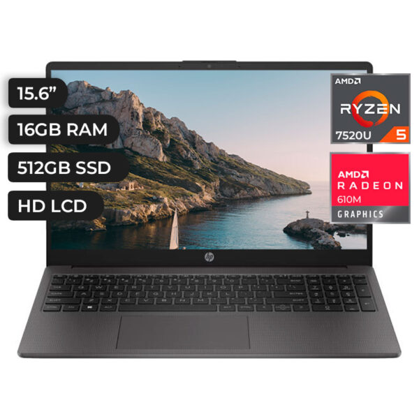 LAPTOP HP 255 G10, 15.6" LCD LED HD SVA, AMD Ryzen 5 7520U 2.8 / 4.3GHz, 16GB RAM, SSD 512GB