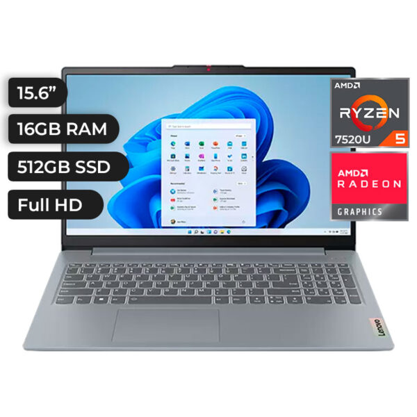 LAPTOP LENOVO IDEAPAD SLIM 3 15AMN8 RYZEN 5 7520U 16GB 512GB 15.6 FHD ESPAÑOL RADEON GRAPHICS 3CELDAS