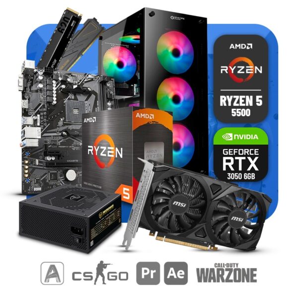 PC GAMER AMD RYZEN 5 5500, RAM 16GB DDR4 3200MHZ, SSD 512GB NVME, RTX 3050 6GB, CASE ENKORE FALCON, 600W 80 PLUS BRONZE