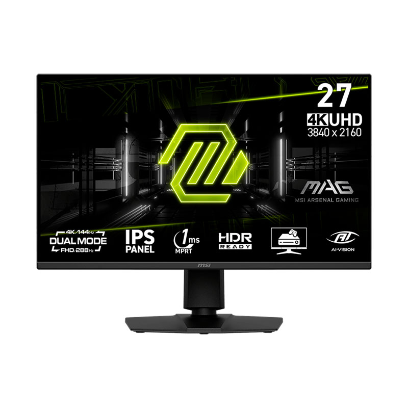 MONITOR GAMER MSI MAG 275UPD E14, 27" 4K (3840x2160) UHD, IPS, 144HZ, 1MS, PARLANTES, ADAPTIVE SYNC, HDMI, DP, DUAL MODE FULL HD, 288HZ, COLOR NEGRO