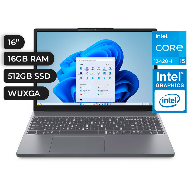 LENOVO IDEAPAD SLIM 3 16IRH10, INTEL CORE I5-13420H, RAM 16GB (2*8) DDR5, SSD 512GB, INTEL UHD GRAPHICS, PANT. 16" WUXGA IPS 60HZ, 3 CELDAS, FREEDOS, COLOR LUNA GREY