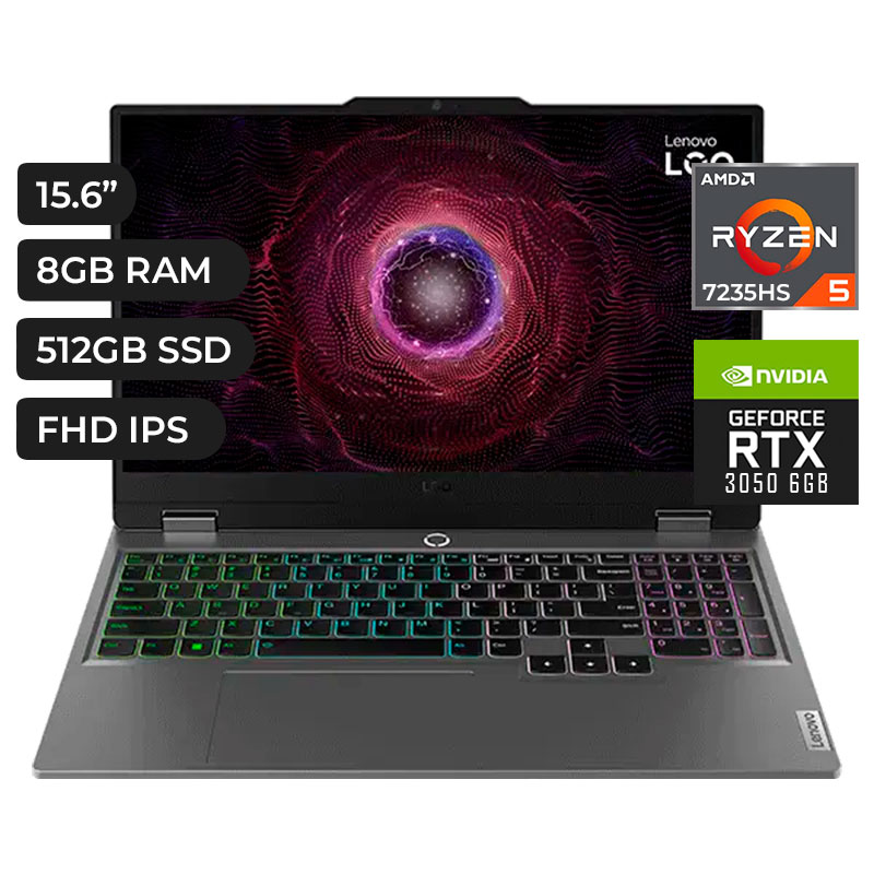 LAPTOP LOQ LENOVO 15ARP9 RYZEN 5 7235HS, RAM 8GB DDR5, SSD 512GB, NVIDIA RTX 3050 DE 6GB, PANTALLA 15.6P FULL HD, IPS 144HZ, 4 CELDAS, FREEDOS, COLOR LUNA GREY