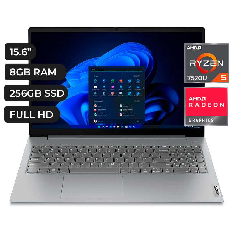 LAPTOP LENOVO V15 G4 AMN, AMD RYZEN 5-7520U, RAM 8GB DDR5, SSD 256GB, PANT. 15.6 FULL HD , 2 CELDAS, FREEDOS, GRIS