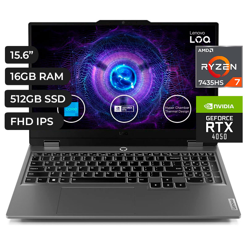 LAPTOP LOQ LENOVO 15ARP9 RYZEN 7 7435HS, RAM 16GB DDR5, SSD 512GB, NVIDIA RTX 4050, PANTALLA 15.6P FULL HD, IPS 144HZ, 4 CELDAS, FREEDOS, COLOR LUNA GREY