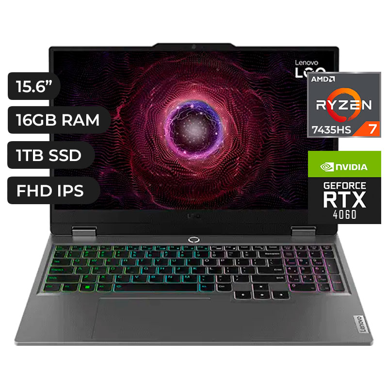 LAPTOP LOQ LENOVO 15ARP9 RYZEN 7 7435HS, RAM 16GB DDR5, SSD 1TB, NVIDIA RTX 4060, PANTALLA 15.6P FULL HD, IPS 144HZ, 4 CELDAS, FREEDOS, COLOR LUNA GREY