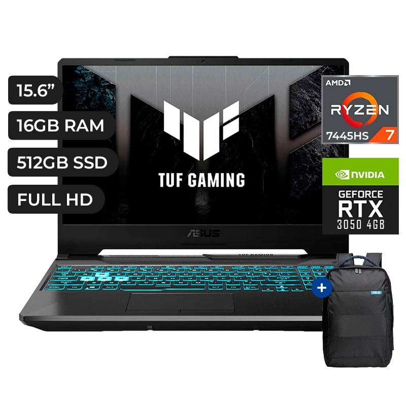 LAPTOP GAMER, ASUS ESP, TUF GAMING RYZEN 7 7445HS 16GB DDR5 512GB NVMe RTX 3050 4GB + MOCHILA