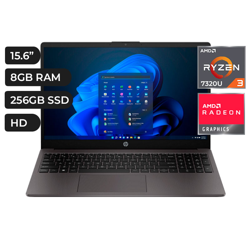 HP 255 G10, AMD RYZEN 3-7320U, RAM 8GB, SSD 256GB, AMD RADEON GRAPHICS, PANT.15.6" HD, 3 CELDAS, FREEDOS, COLOR GRIS OSCURO STAND-MILITAR
